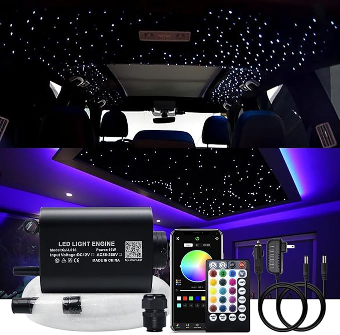 AKEPO 16W APP Fiber Optic Starlight Headliner Lights for Car & Home, 400pcs 0.75mm 6.5ft/2m Optical Fibers Sound Activated Light Source with Remote+APP Control Star Ceiling Light Kit