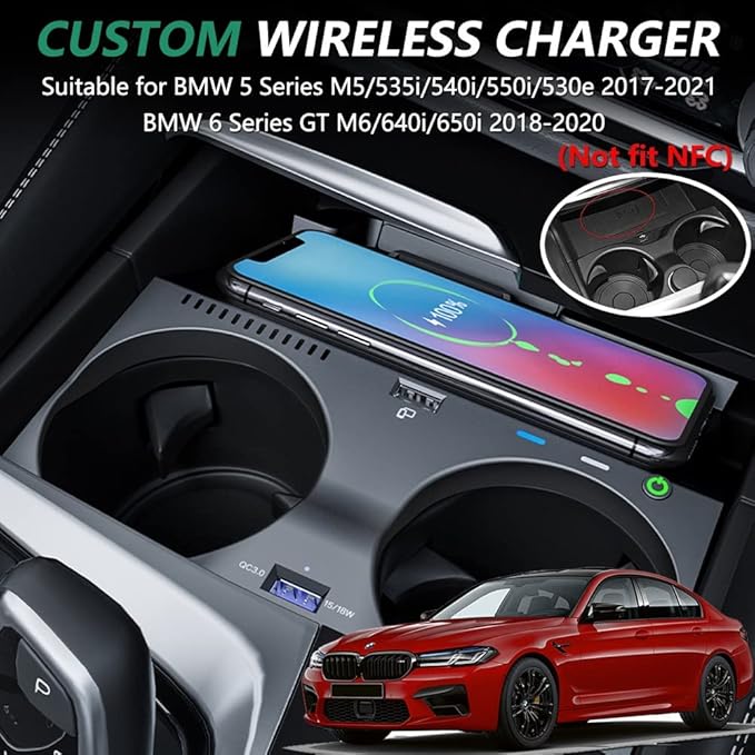 Wireless Car Charger for BMW 5 Series M5/535i/540i/550i/530e 2017-2021, for BMW 6 Series GT M6/640i/650i 2018-2020, 15W Fast Charging Phone Charger Pad for BMW G30 G31 G32 G38 Accessory