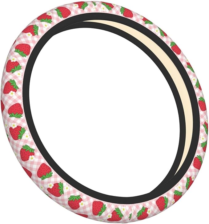 Pink Strawberry Steering Wheel Cover Women Men Floral Checked Elastic Stretch Soft Car Wheel Protector Universal Breathable No-Slip Car Accessories for Truck Van SUV Auto Fit 14-15 Inches
