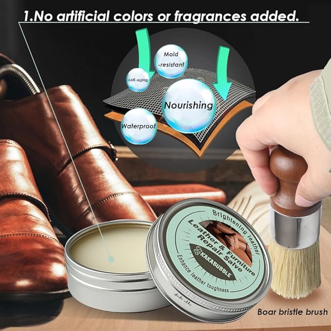 Furniture Salve for Leather & Wood with Boar Bristle Brush, All-in-One Leather Conditioner, Wood Polish & Multi-Surface Restorer for Furniture, Upholstery & Car Vinyl (1)