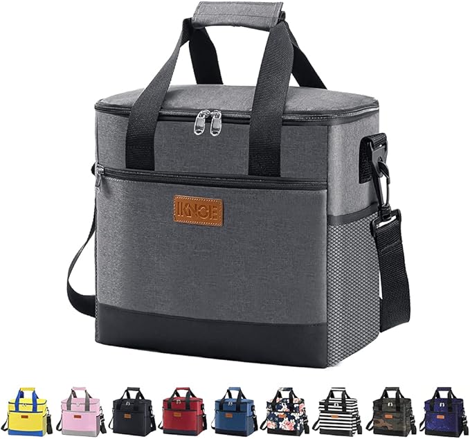 iknoe Large Cooler Bag Collapsible 24 Can Insulated Bags Leakproof Lunch Cooler Tote with Multi-Pockets for Adult Insulated Thermal Bag for Beach, Picnic, Office Work, Grey