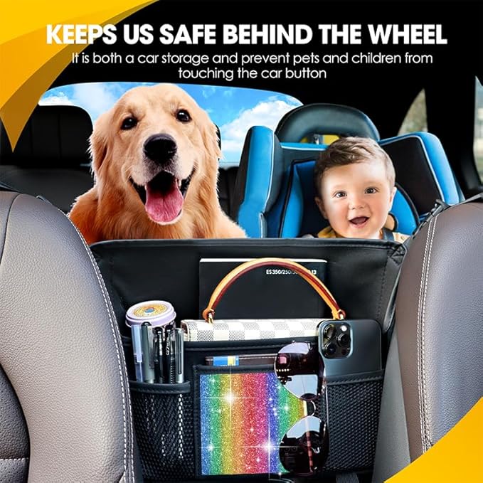 Color Diamond Car Handbag Holder Between Seats Bling Rhinestone Car Storage Bag Large Capacity Purse Phone Automotive Consoles Organizer Safe Barrier of Backseat Pet Kids…