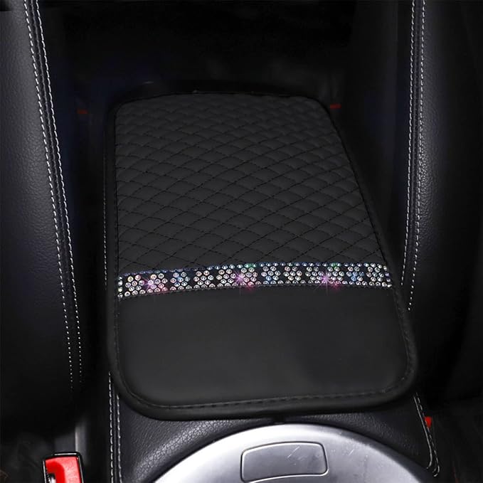 Bling Leather Car Center Console Cover, Car Center Console Protector With Glossy Crystal Rhinestone, Universal Waterproof Car Armrest Seat Box Cover For Most Car, Vehicles, SUVs, Trucks (Black)