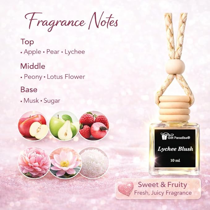 Lychee Blush Car Air Freshener Set of 3 (10 ml Each), Hanging Diffuser Bottles with Wooden Cap, Exotic Fruity Floral Blossom Scent for Car, Home & Closet, Magnetic Gift Box