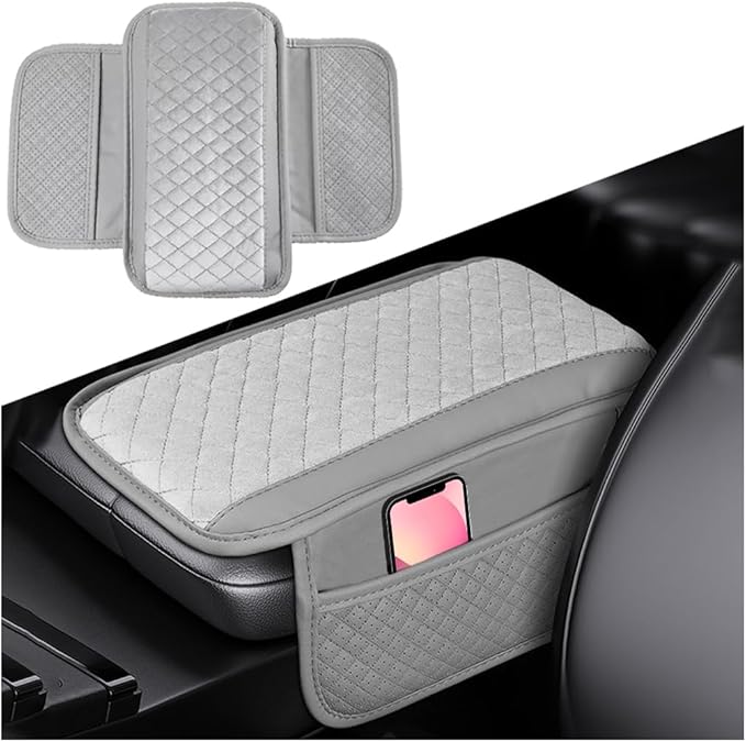 Car Center Console Cover, Leather Vehicle Armrest Cushion Pad with 2 Storage Bags, Auto Interior Middle Console Storage Box Protector Accessories, Universal for SUV, Sedan, Truck (Gray)