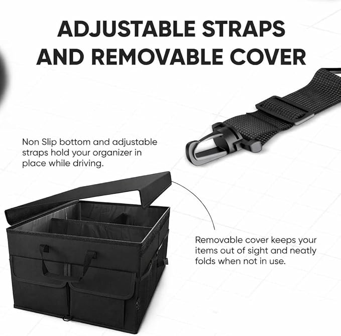 Large Car Trunk Organizer with Lid – Foldable Collapsible Storage Box, Heavy Duty, Multi-Compartment, Non-Slip Bottom, Durable Car Storage Organizer for SUV, Truck & Auto Accessories