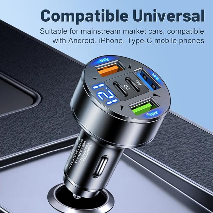 5 in 1 Multi Port USB C Car Phone Charger Adapter with Voltage, 100W Super Fast Charging Car Cigarette Lighter USB Charger for iPhone 16 15 14 13 12 11 Samsung Galaxy, iPad Pro and More