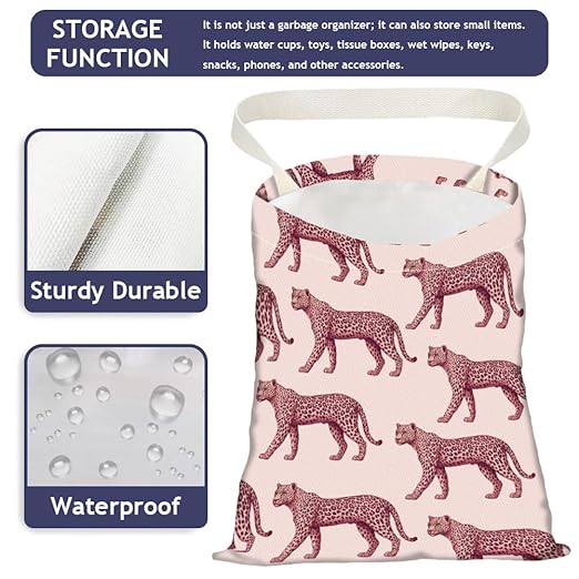 Leopard Print Car Trash Bag Hanging Garbage Bag with Snap Buttons Car-Back Seat Trash Storage Portable Dustbin for Car Interior Accessories Travel Camping