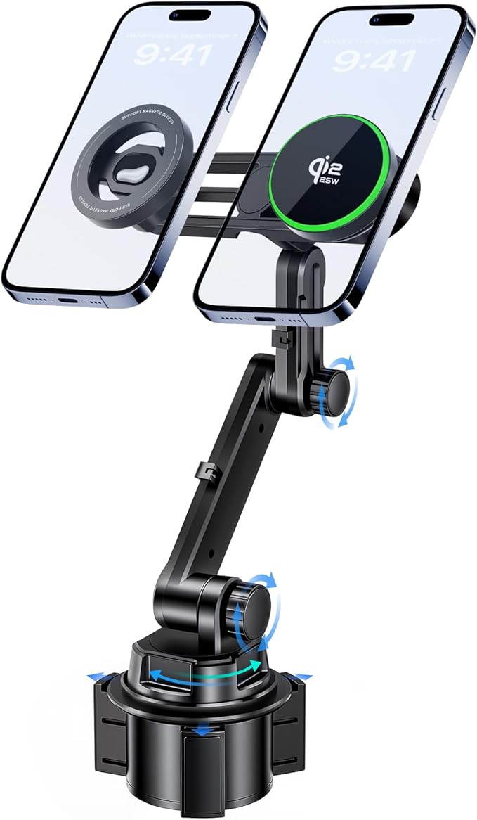 Dual Cup Phone Holder for Car, Cup Mount, Holds 2 Phones Simultaneously, Qi2.2 Max 25W Fast Wireless Car Charger Phone Mount, Compatible with MagSafe ＆ All 4.0-7.0 Inch Smartphones