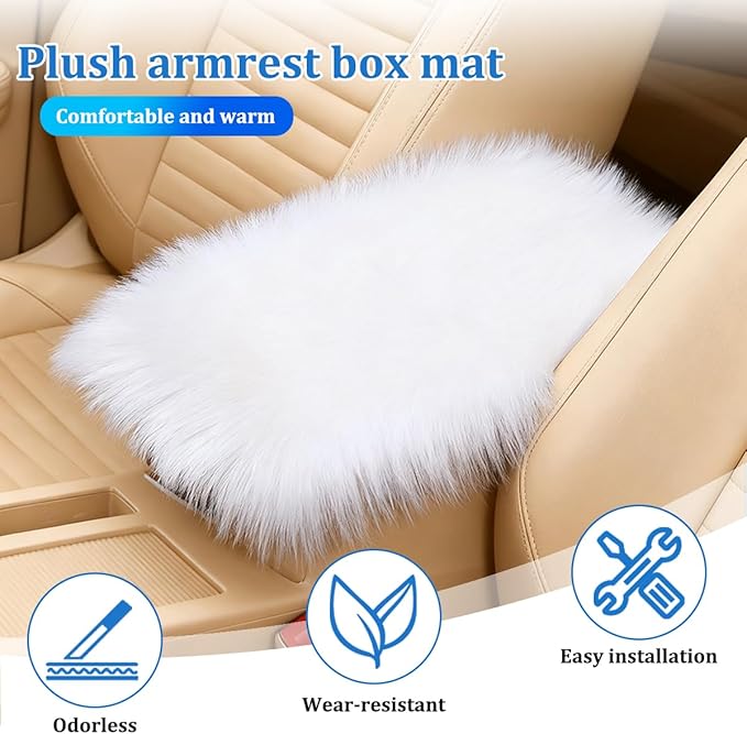 Car Center Console Cover, Fluffy Soft Vehicle Middle Console Arm Rest Cushion Pad, Furry Automotive Interior Armrest Seat Box Protector Decoration Accessories, Universal Fit (White)