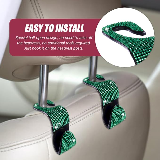 2 Pack Car Seat Headrest Hook, Bling Car Hooks Front Seat, Back Seat Organizer Hanger Storage Hook Car Purse Hook for Bags, Clothes, Coats, Grocery Bags (Green)