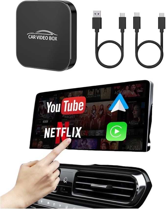 5-in-1 Wireless CarPlay Adapter with Netflix/YouTube/TF, Android Auto & Carplay Adapter with USB-A and USB-C Cables,Convert Wired to Wireless Apple Dongle, Magic Video Ai Box Car Play for iOS 10+