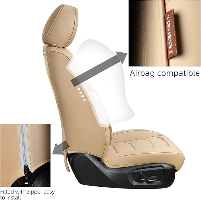 Beige Car Seat Covers Front Pair, Breathable Leather Automotive Front Seat Covers & Headrest for Comfortable Driving, Compatible with Most Cars Sedans SUV Pickup Trucks