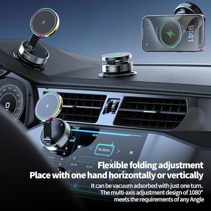 Trendwave Car Mount Charger 15W Wireless Charger Suction Cup Phone Mount with Breathing RGB Light, 360° Adjustable Vacuum Magnetic Holder for iPhone 17 Pro Max/17 Air/16/15 Plus – Gray