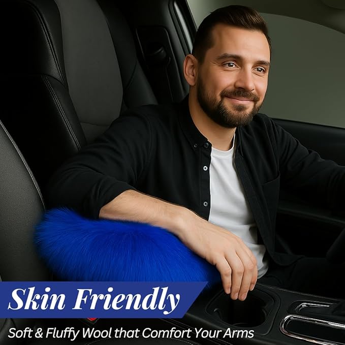 Andalus Brands Pure Australian Sheepskin Fluffy Car Center Console Cover, Luxurious Non-Shedding Furry Arm Rest Cover for Car, Versatile for All Seasons, Blue - (11.47" X 6.3")