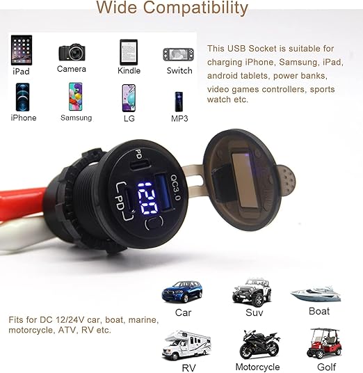 12V USB Outlet, Dual USB C Car Charger Socket & Quick Charge 3.0 Port with Voltmeter and Power Switch for Car Boat Marine Truck 2 Pack