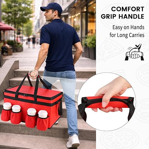 CIVJET Insulated Food Delivery Bag with 4 Cup Holders, XX-Large Insulated Grocery Bags Keep Food Hot/Cold, Cooler Bags with Drink Carrier, Food Carrier Catering Bag, Commercial Food Warmer Bag, Red