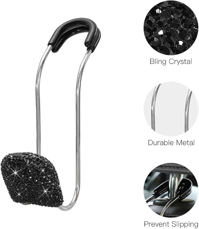 SAVORI Car Headrest Hooks Bling Car Accessories Rhinestones Universal Auto Back Seat Headrest Metal Hanger Organizer Vehicle Holder for Bag Purse Clothes Grocery 2PCS (Black)