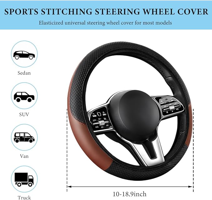 Car Steering Wheel Cover, 15 Inch Anti-Slip Stretch Leather Steering Wheel Protector, Comfortable Breathable Sporty Steering Wheel Cover for Women Men, Car Accessories (Black & Khaki, AD)