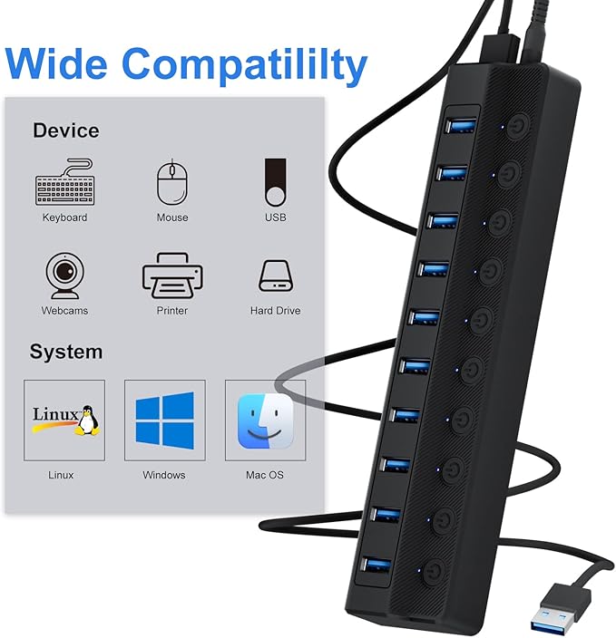 ONFINIO Powered USB Hub 3.0, 10-Port USB Splitter Hub with Individual On/Off Switches and 12V/2A Power Adapter USB Extension