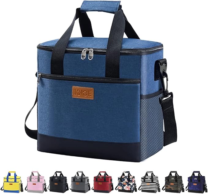 Iknoe Large Cooler Bag Collapsible 24 Can Insulated Bags Leakproof Lunch Cooler Tote with Multi-Pockets for Adult Insulated Thermal Bag for Beach, Picnic, Office Work(Blue)