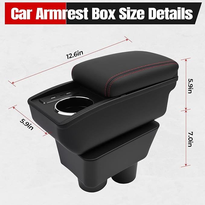 Car Armrest Storage Box Compatible with Nissan Almera Versa 2012-2019 Double Layer with 6 Ports and Cup Holder Car Interior Accessories Red Thread