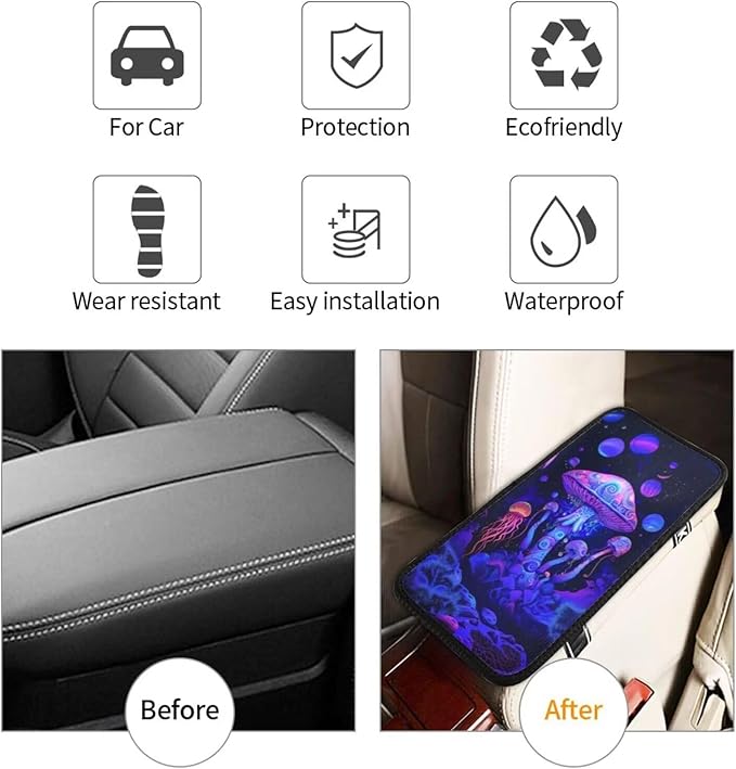Center Console Cover Mushrooms Style Car Truck Interior Accessories Cute Boho Console Cover Purple Pink Armrest Cushion Pad Universal Fit for Most Vehicle, SUV, Truck