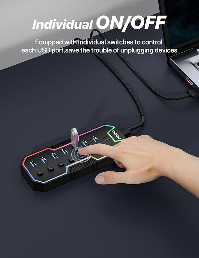 ZIUMIER USB 3.0 Hub,7 Ports USB Expander with RGB LED Strip,USB Hub for Laptop,Individual LED On/Off Switches for Mac, PC, Desktop, Flash Drive, Mobile HDD