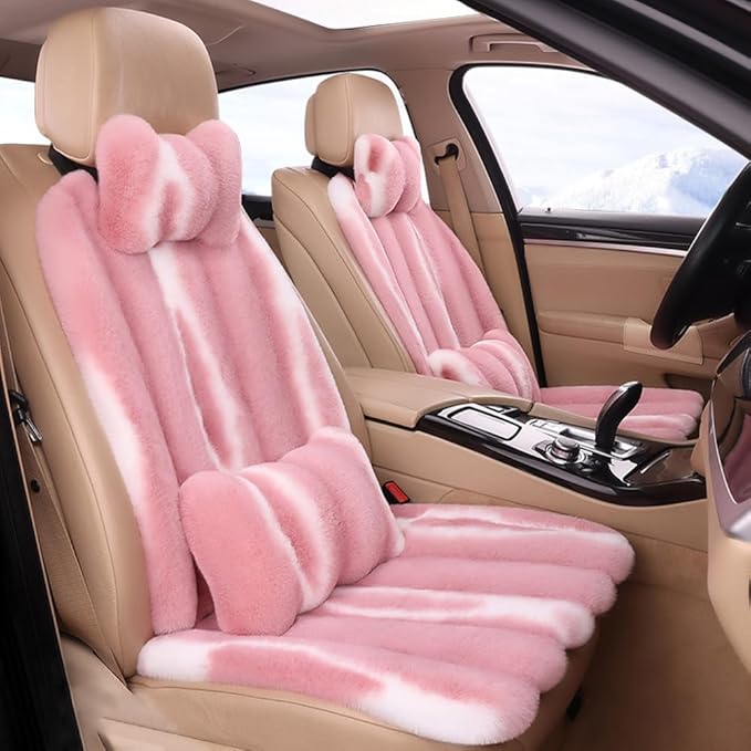 Luxury Plush Car Seat Cushion Set Car Headrest & Lumbar Support & Seat Cushion & Back Support Pillow Fluffy Fuzzy Car Seat Covers Non-Slip Cushion for Universal Accessories Automobiles (8, Pink)