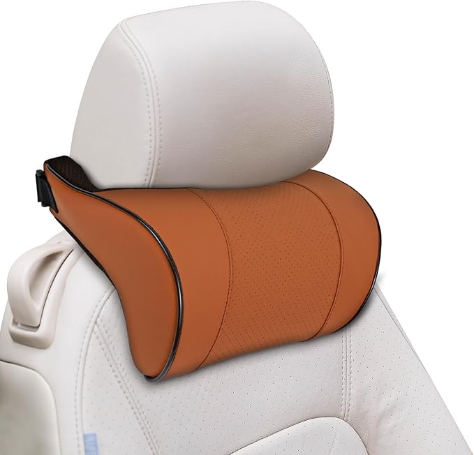 Car Neck Pillow with Memory Foam, Soft Comfortable Headrest Pillow for Driving, Ergonomic Design, Auto Seat Neck Support Pillows Head Rest Cushion with Breathable Leather Cover (Brown)