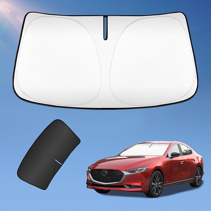 Sun Shade Sunshade for Mazda 3 2019-2025 2026 Windshield Cover, 4-Layers Sun Shield for Mazda 3 Hatchback/Sedan 250T Silver Coating Sun Visor Foldable Window Shade Blocks UV Rays Car Accessories