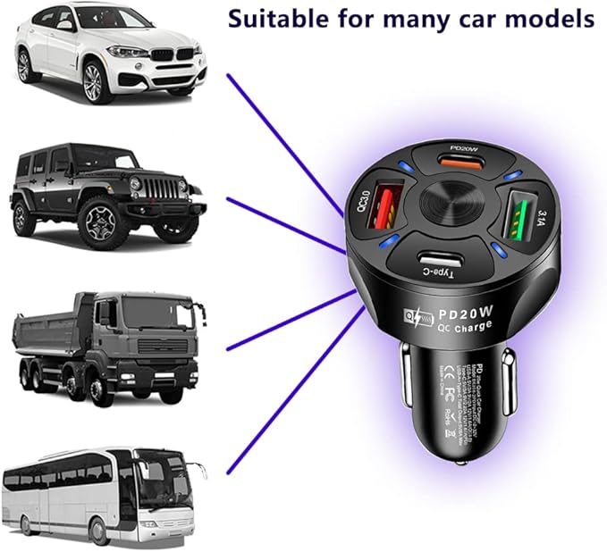 4 Port Car Charger USB C Adapter with LED Light,Quick Charge with Type C/PD 20W/QC 3.0 Fast Charging Car Cigarette Lighter Adapter for iPhone 14 13 12 S22 S21 S20 iPad Pro& More Car (Black)