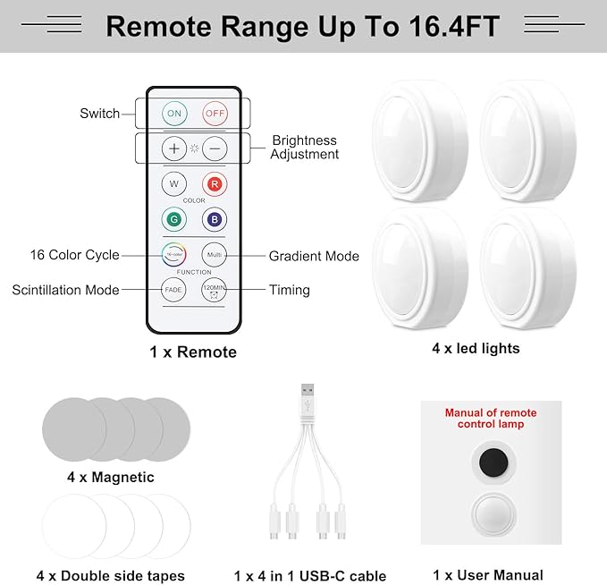 4PCS Wireless Car LED Lights with Remote Control, 16 Colors Interior Car Led Puck Lights, Rechargeable Ambient Lighting Kit with Dimmer & Timer, Inside Night Lamp for Vehicle Home Decoration