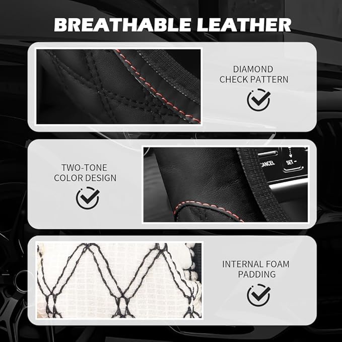 15 Inch Car Steering Wheel Covers with Double Colors,Non-Slip Leather Steering Wheel Cover for Protecting Steerings Wheels,Universal Cars Decorations Car Wheels Cover (Black)