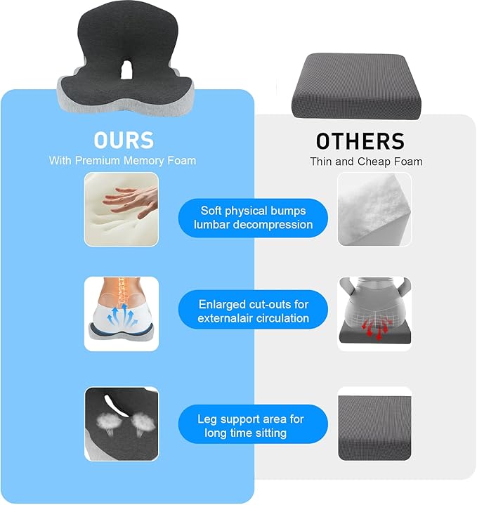 Denchy Car Seat Cushion with Lumbar Support for Long Sitting, Ergonomic Memory Foam Driving Seat Cushions for Semi Truck Bus Driver Trucker, Non Slip Office Chair Cushion (Dark Light Gray)