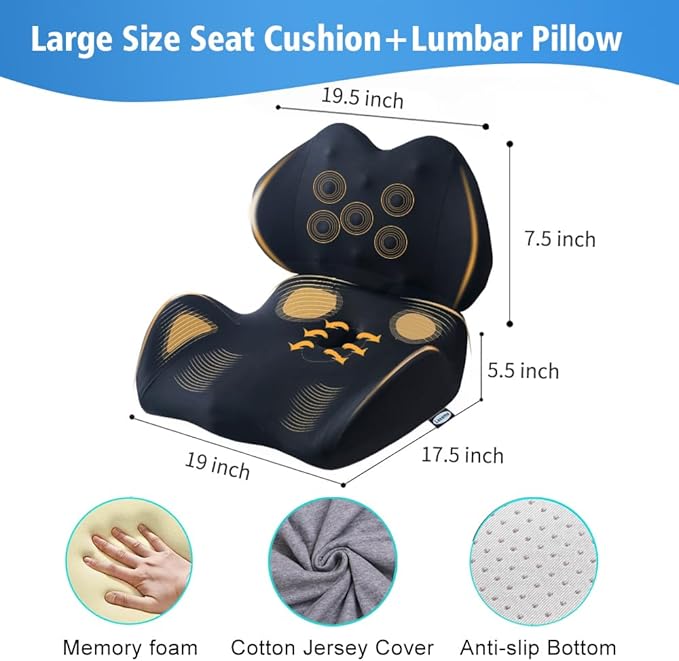 Lexeme X Large Memory Foam Seat Cushion Lumbar Support Pillow for Sciatica & Tailbone Pressure Relief Coccyx Pad for Office Chair, Car,Wheelchair,Home,Office