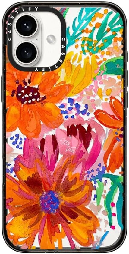 CASETiFY Impact Case for iPhone 16 Plus [Slim / 8.2 ft. 4X Military Grade Drop Protection/Compatible with Magsafe] - Ettavee Watercolor Fleurs - Clear Black