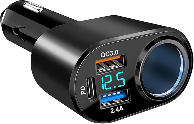 USB C Car Charger, 90W Cigarette Lighter Adapter Dual USB Fast Charging PD QC 3.0, 12V/24V Car Charger Socket Splitter with LED Voltmeter for Smart Phone GPS Dash Cam