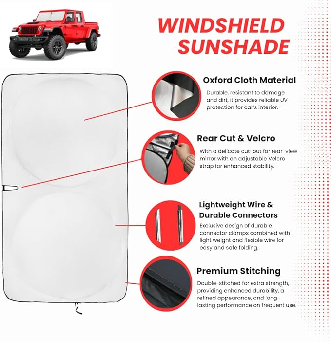 Jeep Windshield Sun Shade | fits Wrangler, Rubicon, Sahara, Gladiator, Sport S, Willys 41, High Altitude - Certified 99% UVA & UVB Lab Tested Interior Protection. Car Window Shades by Kinder Fluff