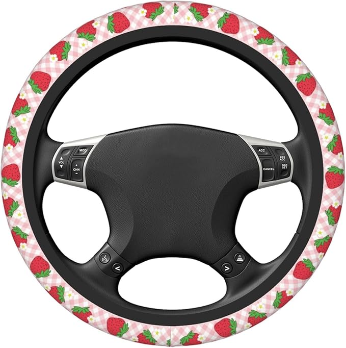 Pink Strawberry Steering Wheel Cover Women Men Floral Checked Elastic Stretch Soft Car Wheel Protector Universal Breathable No-Slip Car Accessories for Truck Van SUV Auto Fit 14-15 Inches