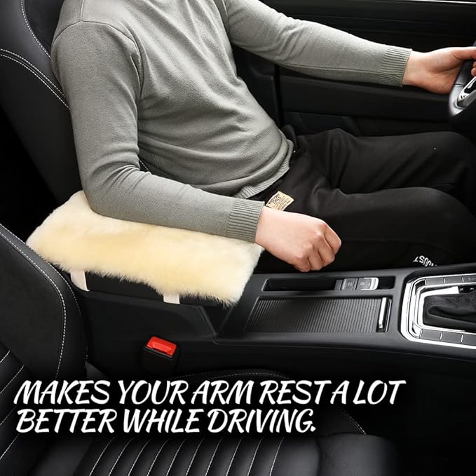 LLB Auto Center Console Cover Pad Universal Fit for SUV/Truck/Car, Genuine Sheepskin Wool Fur Car Armrest Seat Box Cover, Furry Fluffy Auto Armrest Cover Protector (Shearling Black)