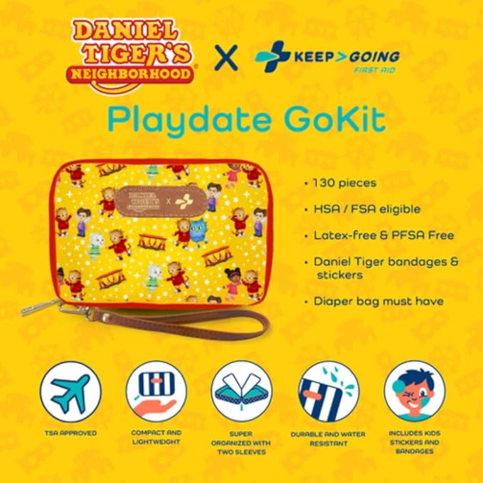 KeepGoing Daniel Tiger’s Travel First Aid Kit for Kids – 130 Pc. for Car, Home, Purse, Diaper Bag & Backpack with Latex-Free Bandages - Mini First Aid Kit Travel Size TSA-Approved