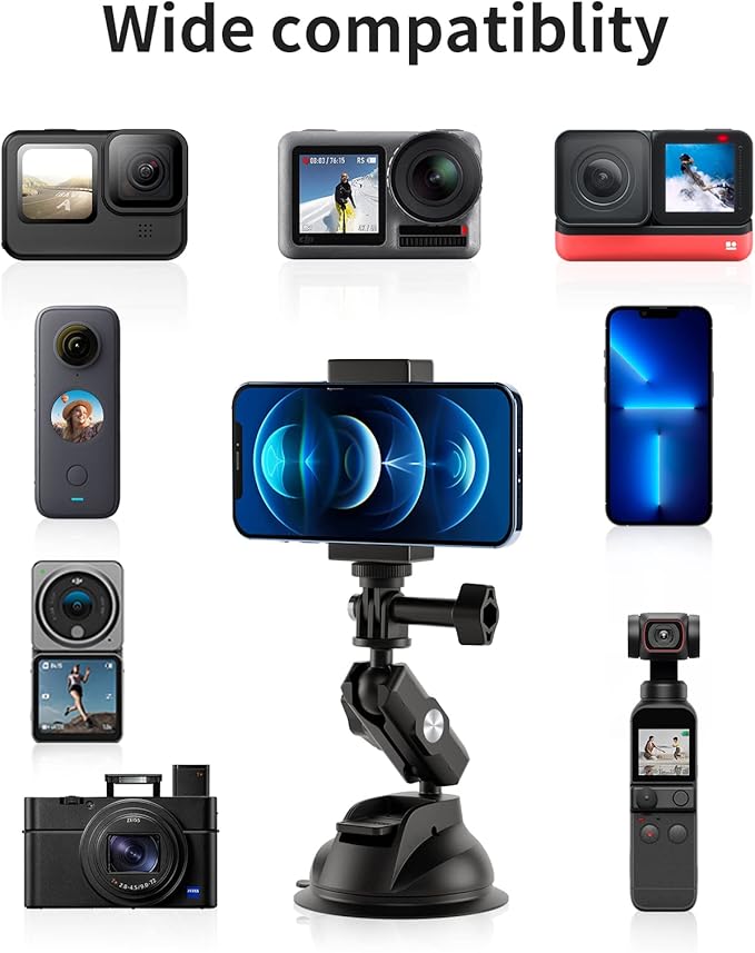 TELESIN Car Mount Suction Cup with Phone Holder, Outside Inside Windshield Window Dashboard Attachment for Go Pro Max Hero 13 12 11 10 9 8 Insta 360 X4 X5 DJI Action 3 4 5 pro 6 Pocket 3 Accessories