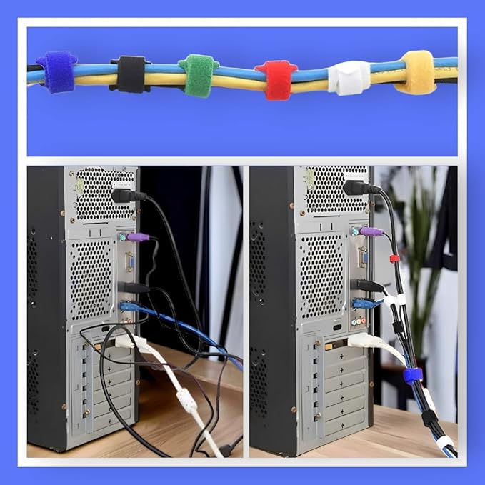 60PCS Reusable Cable Ties Hook and Loop Straps, 6 Inch Colored Cord Ties Cable Management Cord Organizer for Desk Wire Organizers for Power Electronic Cords Charging Computer Cables