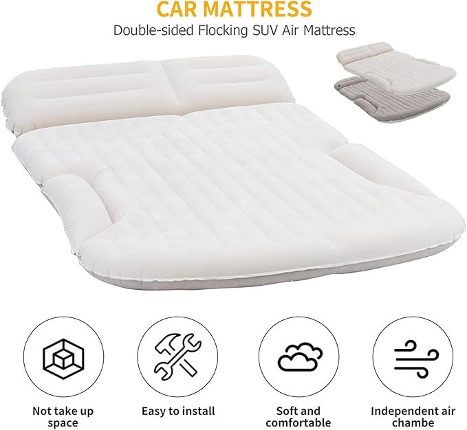 KMZ SUV Air Mattress Thickened and Double-Sided Flocking Travel Camping Bed with 2 Pillows & Pump Dedicated Mobile Cushion Inflatable Bed for SUV Trunk and Rear Seat (Beige and Coffee)