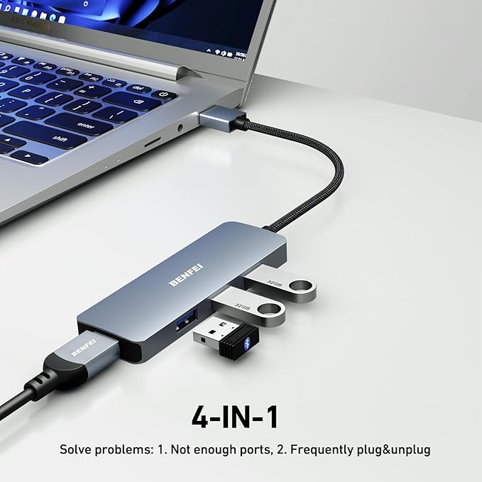 BENFEI USB 3.0 Hub, 4 Ports USB A Splitter Ultra-Slim Expander for Mouse, Keyboard, Flash Drive, U Disk, Printer Compatible with Laptop, Desktop PC, Xbox, PS5, and More