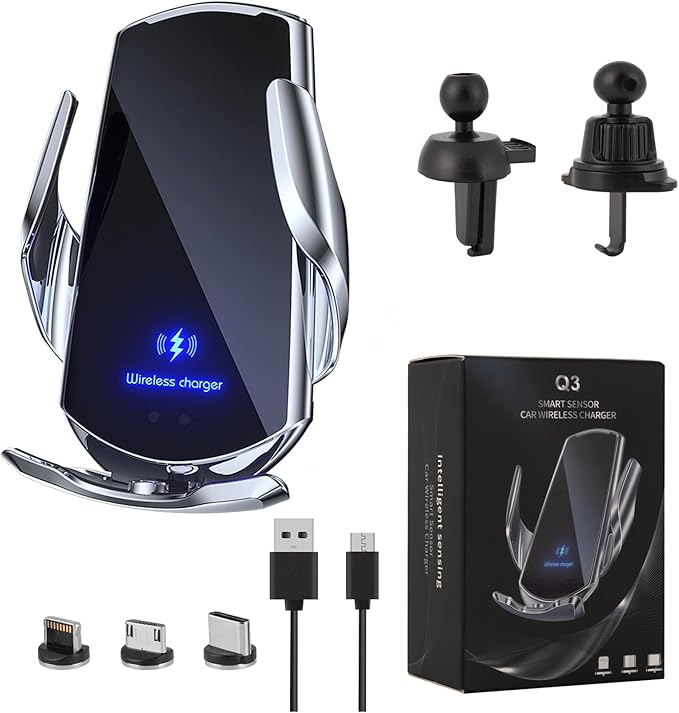 Wireless Car Charger Mount Automotive Electric Induction 15W Wireless Charger Car Auto Clamping Car Phone Holder Mount Wireless Charging Mount Vent Phone Holde Compatible with Android (Silver)