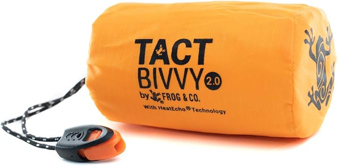 Survival Frog Tact Bivvy 2.0 Emergency Sleeping Bag with Stuff Sack, Carabiner & Survival Whistle – Compact, Lightweight, Waterproof, Reusable Thermal Bivy Sack Shelter Kit