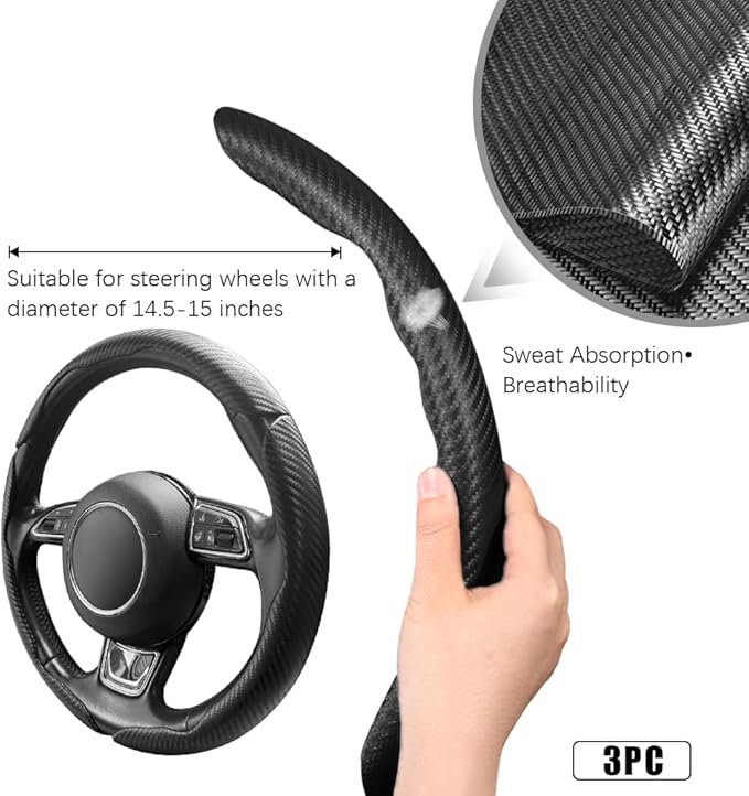 Pincuttee Carbon Fiber Steering Wheel Cover - 3PC Universal Non Slip Steering Wheel Protector, Matte Black