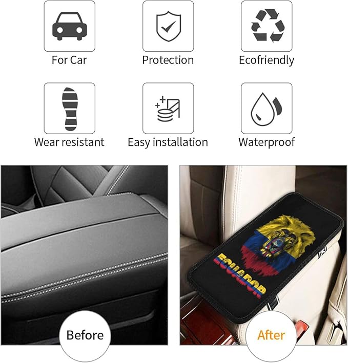 Vintage Ecuador Ecuadoran Flag Lion Head Auto Center Console Armrest Cover Car Handrail Box Cushion Pad Mat Universal Fit Most Vehicle Sedan Truck SUV Soft Comfort Decor Accessories